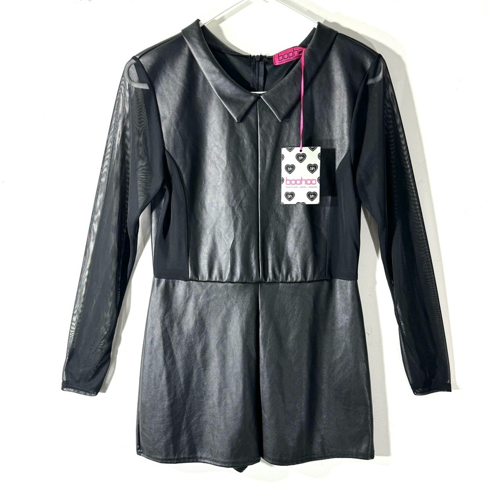 Boohoo Faux Leather Mesh Sleeve Playsuit NWT